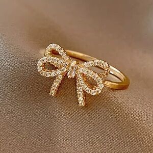 Charming Gold Ribbon Bow Ring – Adjustable Sparkle Style
